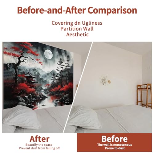 Japanese Anime Mountain Wall Tapestry - Black & Red Forest Hanging Decor