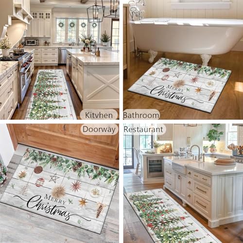 Twyt Decor Christmas Tree Holly Kitchen Rugs Set of 2 - 17x47 & 17x30 Non-Slip, Wood Grain Winter Decor (Variation: Christmas Tree)