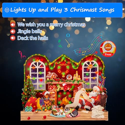 POPWOW Musical Christmas Card with Lights - Fireplace Scene, 3D Pop Up, Santa & Cats, Xmas Greeting Card, Envelope Included, 6.1x7.87 inches