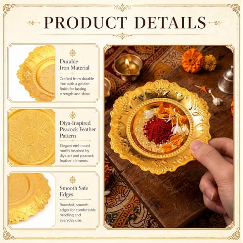 12 Pack 3.9 Inch Gold Metal Pooja Thali Plates Embossed Decorative Trays