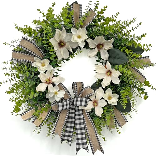 24-Inch Artificial Magnolia Wreath with Buffalo Plaid Bow for Front Door