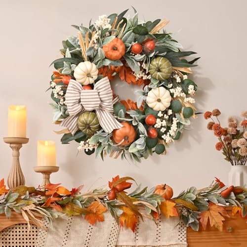 22-Inch Fall Wreath with Pumpkins and Berries for Front Door Decor