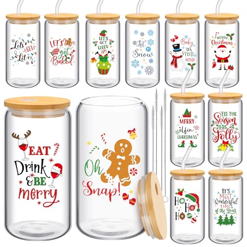 Skylety 12-Pack 16oz Christmas Glasses with Bamboo Lids, Straws & Brushes