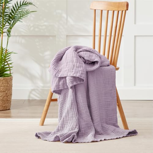 100% Cotton Muslin Throw Blanket - 50" x 70", Breathable 6-Layer Design, Soft & Lightweight Quilt for All Seasons - Lavender