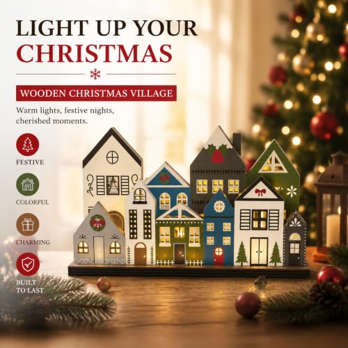 Lighted Wooden Christmas Village Houses - Rustic Tabletop Holiday Centerpiece