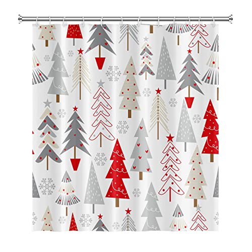 Christmas Tree Bathroom Shower Curtain Grey Pines Pattern Snowflakes