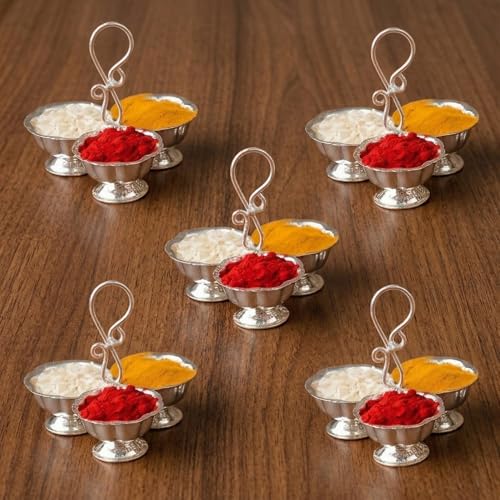 Silver Plated Haldi Kumkum Holder Set for Pooja Thali - 5 Piece Ritual Stand