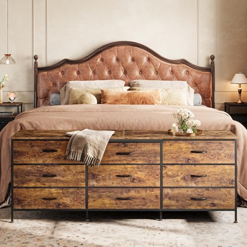 63-Inch Wide Dresser with 9 Fabric Drawers, Rustic TV Stand for Bedroom
