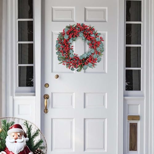 22-Inch Artificial Christmas Wreath with Red Berries and Eucalyptus