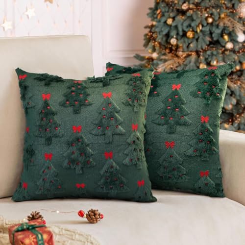 Christmas Pillow Covers 18x18 inch Set of 2 Christmas Decorations Red Bows Xmas Tree Throw Pillow Cases Soft Plush Faux Fur Wool Pillow Covers Winter Holiday Decor for Sofa Living Room