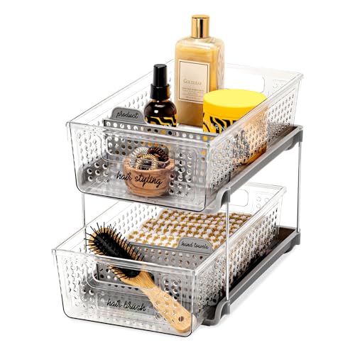 madesmart 2-Tier Organizer, Multi-Purpose Slide-Out Storage with Handles and Dividers for Home and Bath, BPA Free, Clear/Gray