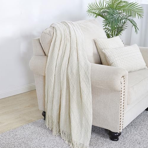 Beige Boho Knitted Throw Blanket 50x60 Inch Soft Acrylic Couch Blanket