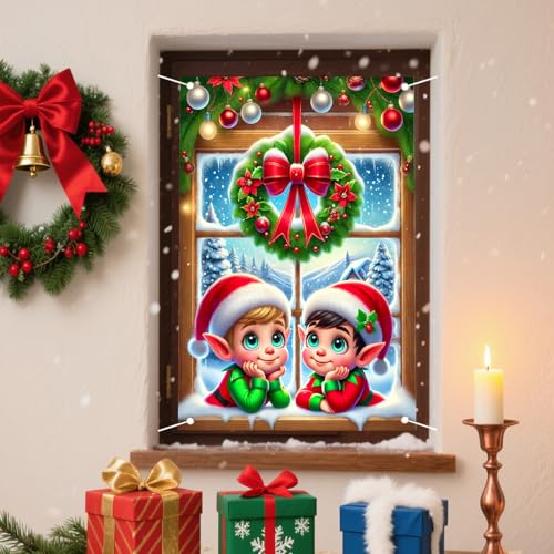 Nuxovilar Christmas Window Cover Holiday Banner 31x47in Elf Scene, Variation: CU01098