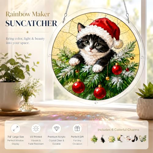 Santa Hat Cat Acrylic Christmas Puzzle Suncatcher Window Hanging Decor - HMGAWB