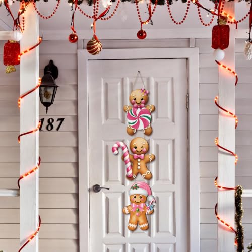 Pink Gingerbread Man Christmas Wooden Door Sign - Holiday Decor, 20.5 x 6.2 inches