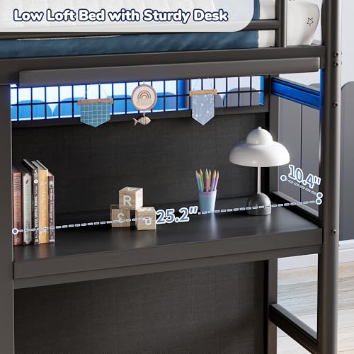 Twin Low Loft Bed with Desk, Storage Drawers, LED Lights & Play Curtain