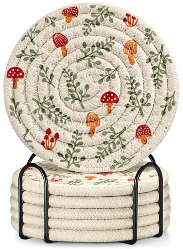 Kokaaee Mushroom Leaf Absorbent Coaster Set of 6 with Holder - Handmade Cotton & Linen Drink Coasters