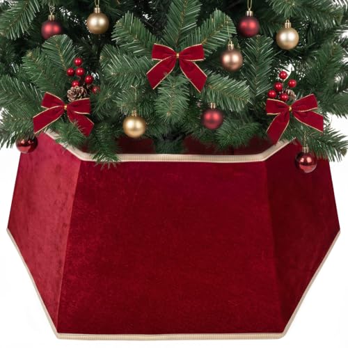JoyMingle 26-Inch Red Velvet Christmas Tree Skirt with Gold Trim