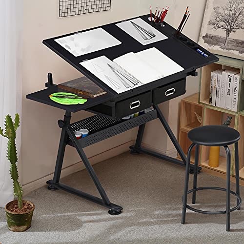 Adjustable Drafting Table and Stool Set with Tilt-Top and Storage Drawers
