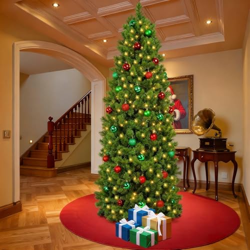 Justforjoyful 31-Pcs 6 Ft Slim Christmas Tree with 200 LED Warm White Lights, Red & Green Ornaments, Metal Stand