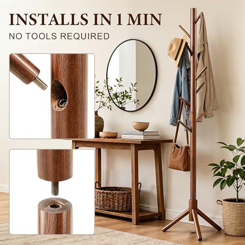 Freestanding Wooden Coat Rack Stand with 8 Hooks, 3 Adjustable Heights