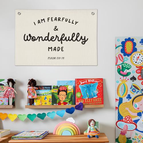 Fearfully and Wonderfully Made Linen Wall Banner for Nursery Decor