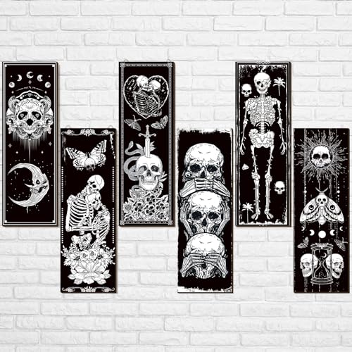 6-Piece Gothic Skull Wall Art Set, Wooden Boho Sun and Moon Decor