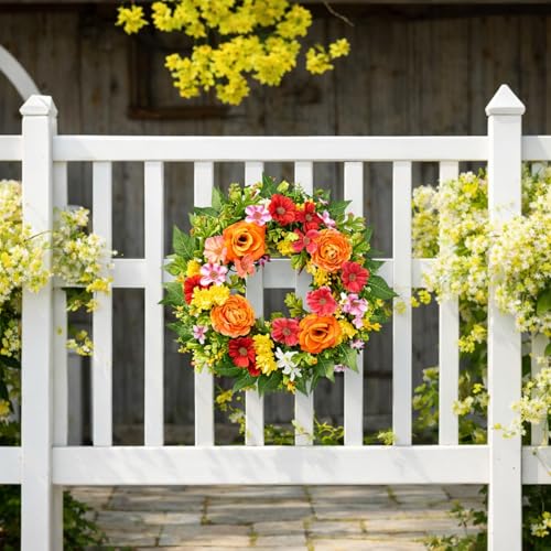 20-Inch Artificial Spring Floral Wreath with Orange Rose-Style Blooms