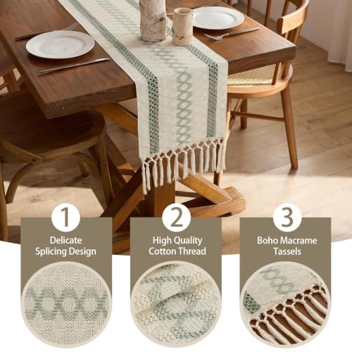 Green Boho Macrame Table Runner 12x36 Inch with Tassels - Farmhouse Decor