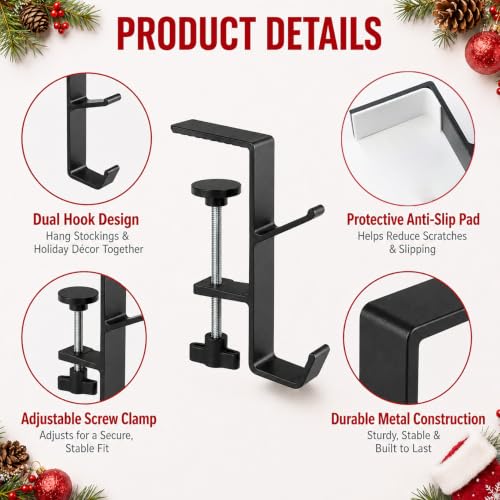 Adjustable Christmas Stocking Holders for Mantle - 4 Pack Black Metal Hooks