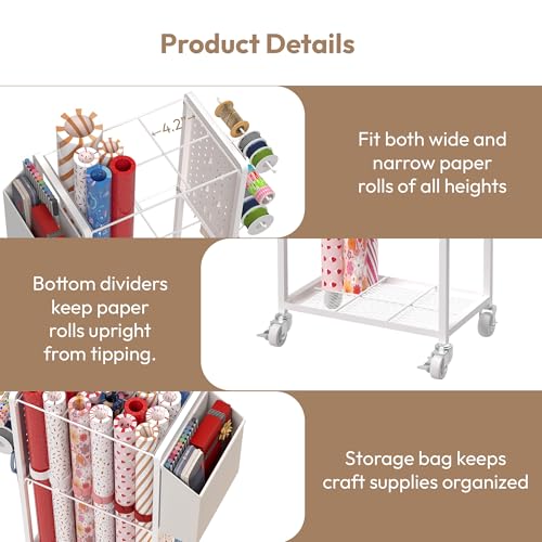 Rolling Wrapping Paper Storage Cart with Ribbon Holder and Slap Bands