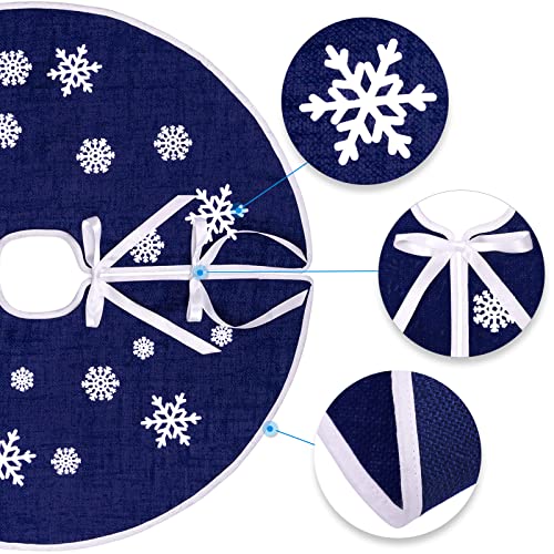 30-Inch Dark Blue Burlap Christmas Tree Skirt with White Snowflakes