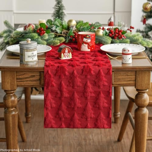 Artoid Mode Christmas Tree Table Runner 13x60 Inch Red Faux Plush Holiday Decor