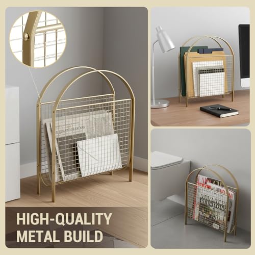 Mid-Century Brass Magazine Rack - Metal Wire Mesh Storage Basket