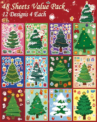Aowplc Christmas Tree Stickers for Kids - 48 Sheets Holiday Crafts & Party Favors