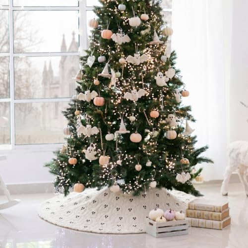 36-Inch Beige Halloween Ghost Tree Skirt - Soft Plush Faux Fur with 3D Ghosts