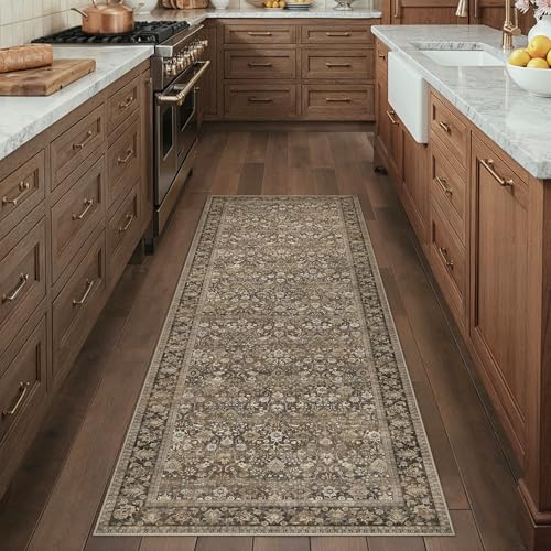 2x6 Vintage Floral Washable Runner Rug - Non-Slip Low Pile Hallway Rug