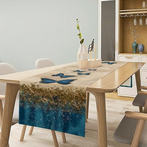 SENRUEGT Butterfly Table Runner Gold Blue 36x13 inch - Dreamy Spring Farmhouse Decor