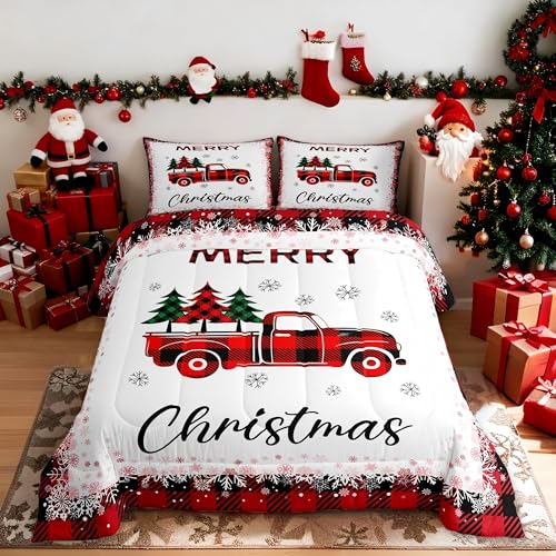 Homewish Christmas Truck Pine Tree Queen Comforter Set with Pillowcases - Holiday Bedding