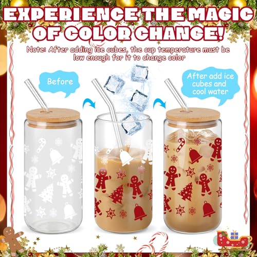 Potchen 24 Pcs Christmas Color Changing Cups with Lids & Straws - Red Pattern, 16 oz