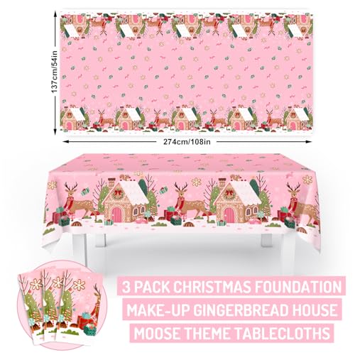 3 Pack Pink Christmas Plastic Tablecloths with Gingerbread Reindeer 54x108 Inch