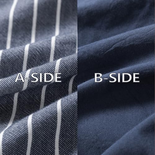 Reversible Navy Blue Striped Queen Duvet Cover Set - 100% Washed Cotton 3-Piece