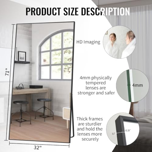 71" x 32" Full Length Floor Mirror with Metal Frame, Standing or Wall-Mounted