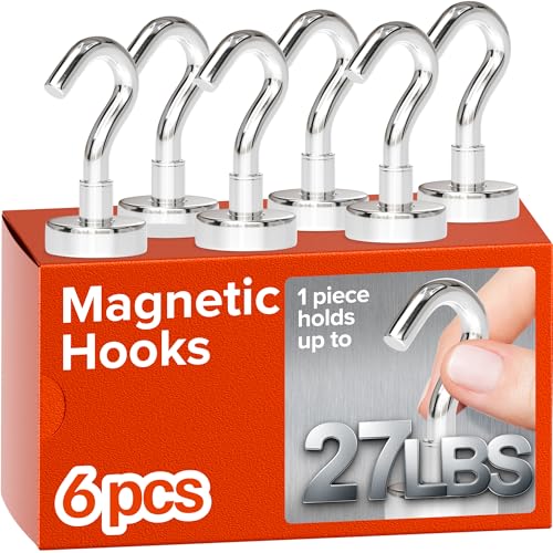 Heavy Duty Magnetic Hooks 27lbs - 6 Pack Neodymium Rare Earth Magnets