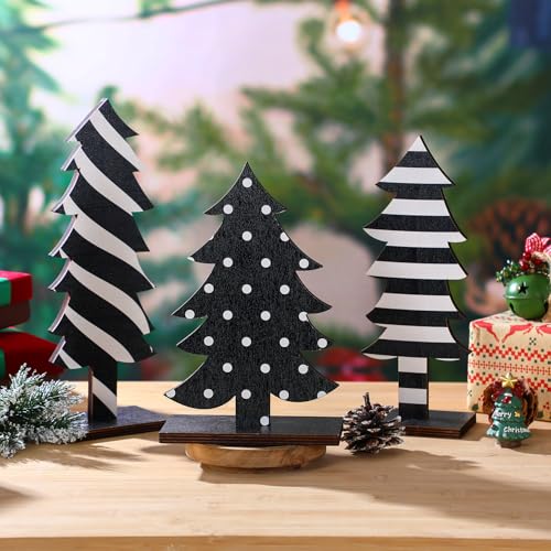Meooeck 3 Pcs Wooden Christmas Tree Decorations with Bases – Rustic Tabletop Signs