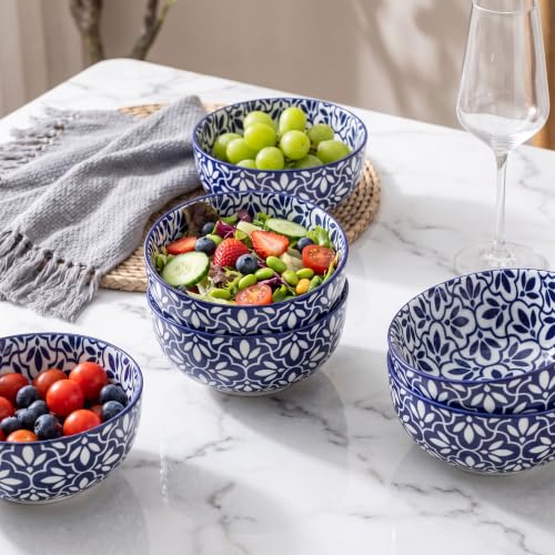 JINGUS Lattice 28 oz Cereal Bowls Set of 6 – Vintage Blue & White Porcelain