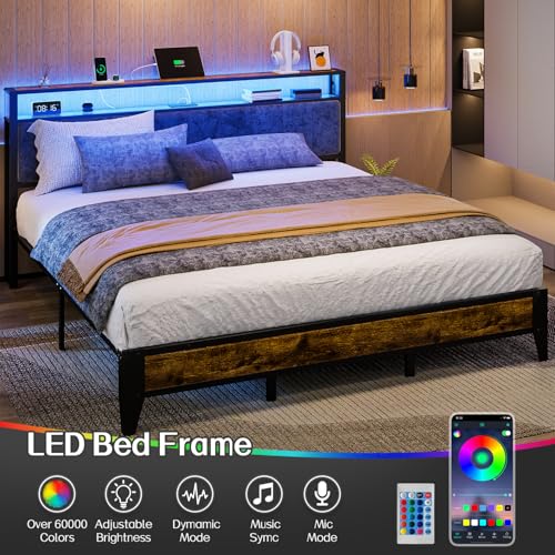 King Size Metal Platform Bed Frame with LED Headboard & Charging Station