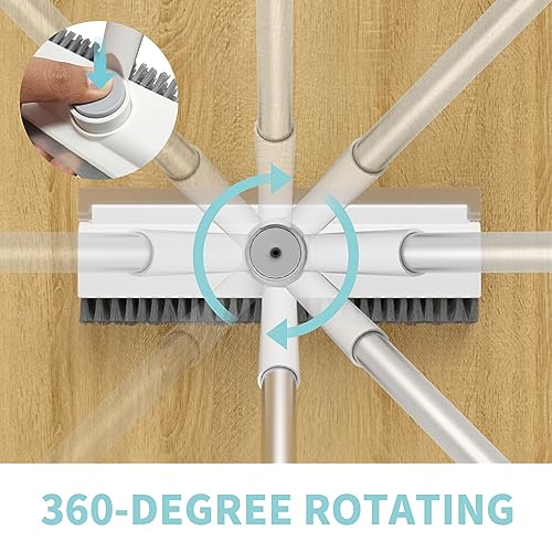 3-in-1 Floor Scrub Brush with Extendable Long Handle & Rubber Squeegee