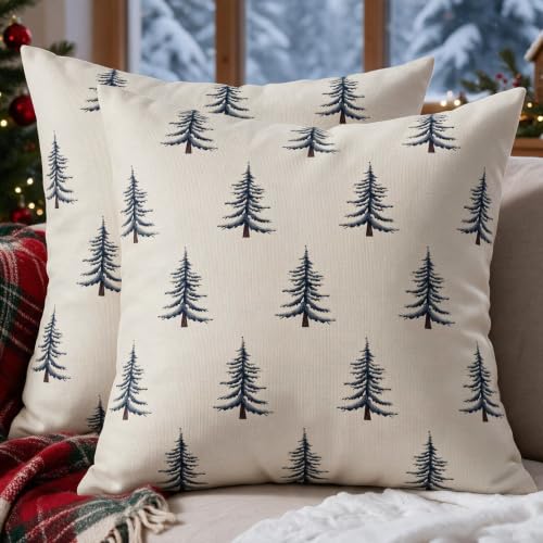 Sivirary 18x18 Blue Cream Christmas Pillow Covers Set of 2 with Tree Print