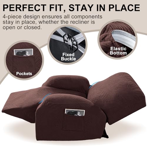 Stretch Geometric Jacquard Recliner Chair Cover - 4-Piece Set, Chocolate, Fits 36-46"